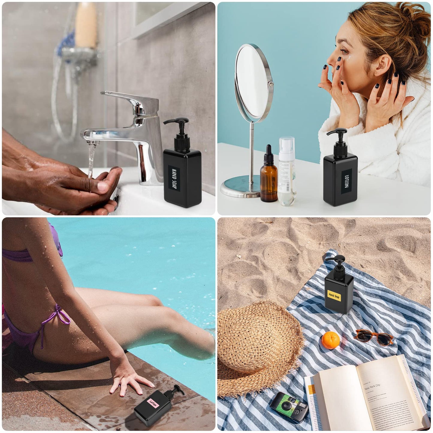 Segbeauty 4pcs Square Lotion Dispenser, 6.8oz Empty Shampoo Pump Bottles Small with Labels, 200ml Refillable Portable Plastic Press Bathroom Shower Dispenser Liquid Soap Containers for Travel Black