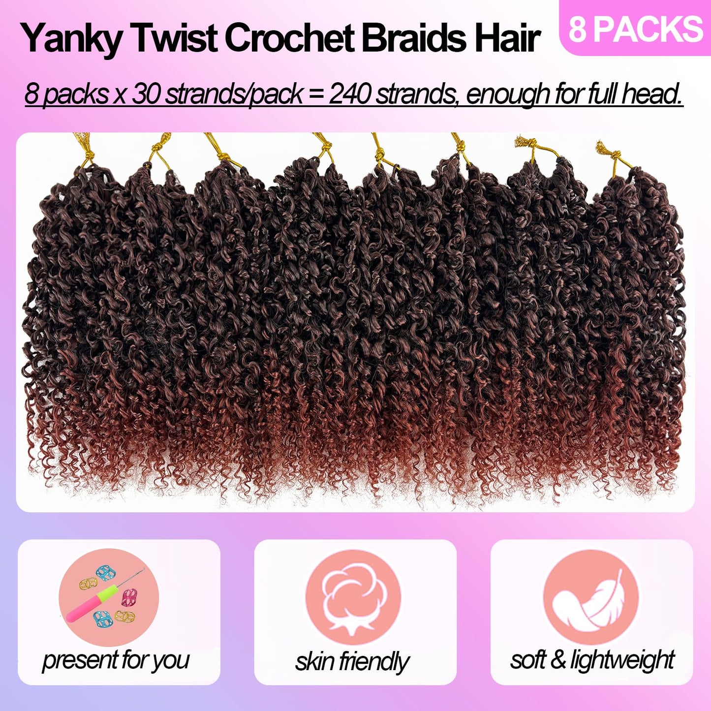 Yanky Twist Crochet Hair Pre Looped 8 Inch Mini Twist Crochet Braids Hair 1B 350 Ombre Red Copper Micro Senegalese Twists crochet hair Pre-looped Synthetic Curly Braiding Hair Extension