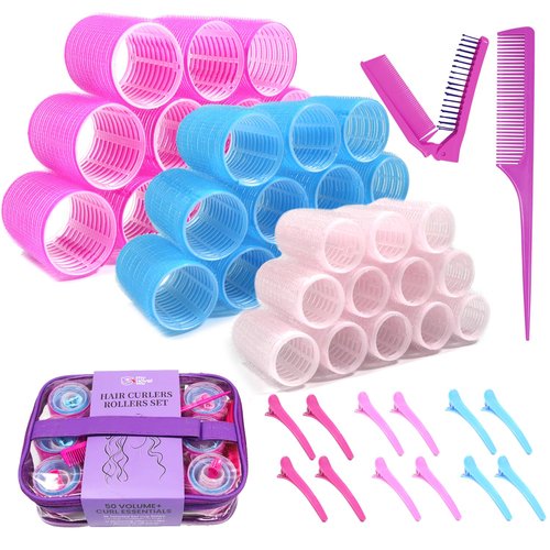 Hair Rollers Set by My Novel Things - 50PCS Volume Curlers with 12 Clips & 2 Combs | Perfect for Short to Long Hair