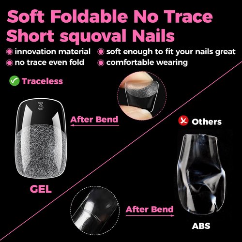 UNA GELLA Gel Nail Tips Square & Squoval Short, 504pcs Short Round Square Nail Tips Pre Etched Squoval Soft Gel Clear Fake Nails Full Cover For Nails Extension Home DIY Salon 12 Sizes