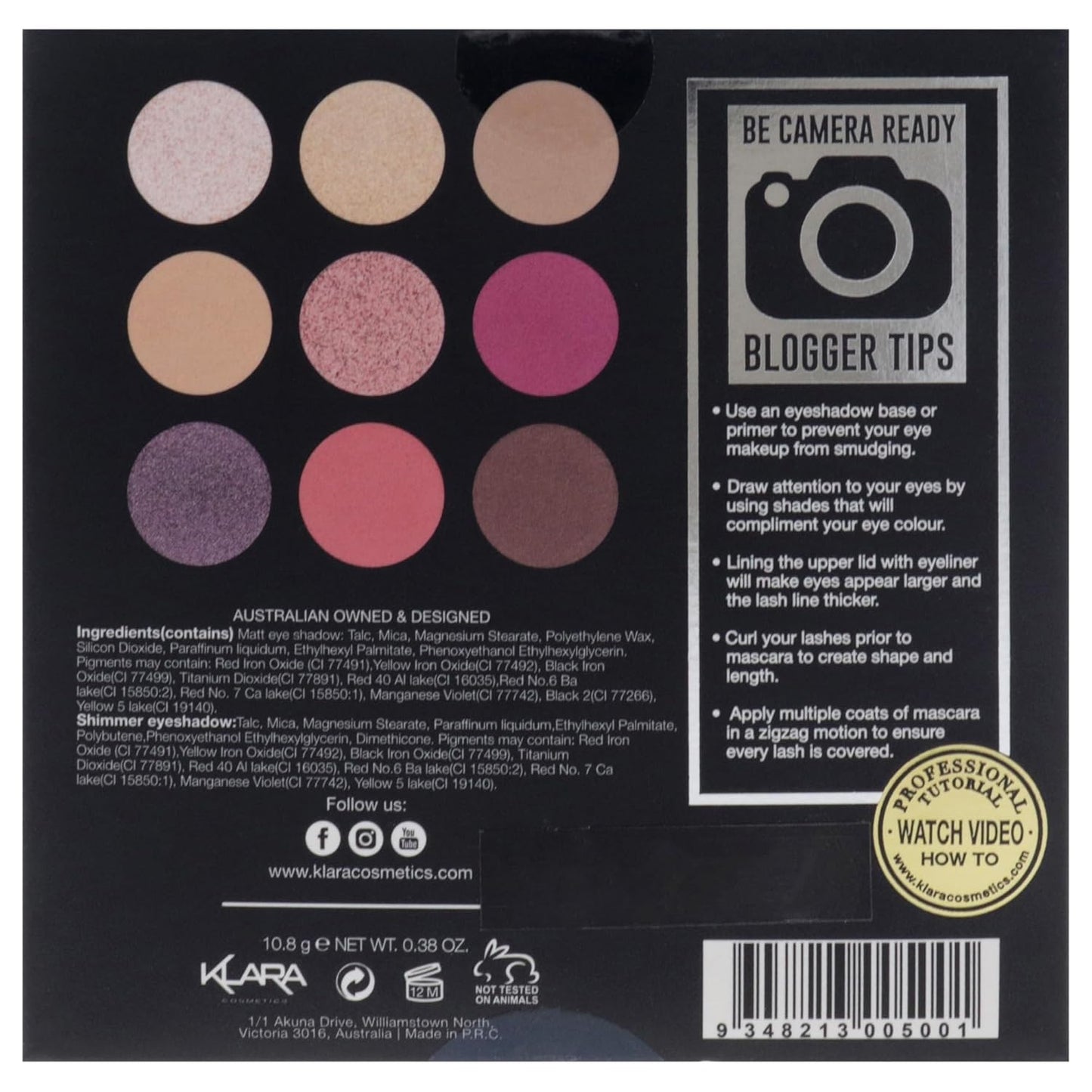 Klara Cosmetics Pro Eyeshadow Palette - Long-Lasting Matte & Shimmer Eye Makeup - 02 | 0.38 oz