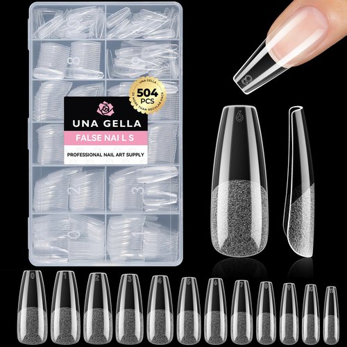UNA GELLA Long Coffin Nail Tips, 504pcs Pre-Shape Fake Nails Half Matte Full Cover Acrylic Gel Nail Tips Clear Long Coffin Press On Nails Home DIY Extension 12 Sizes Gelly Tips