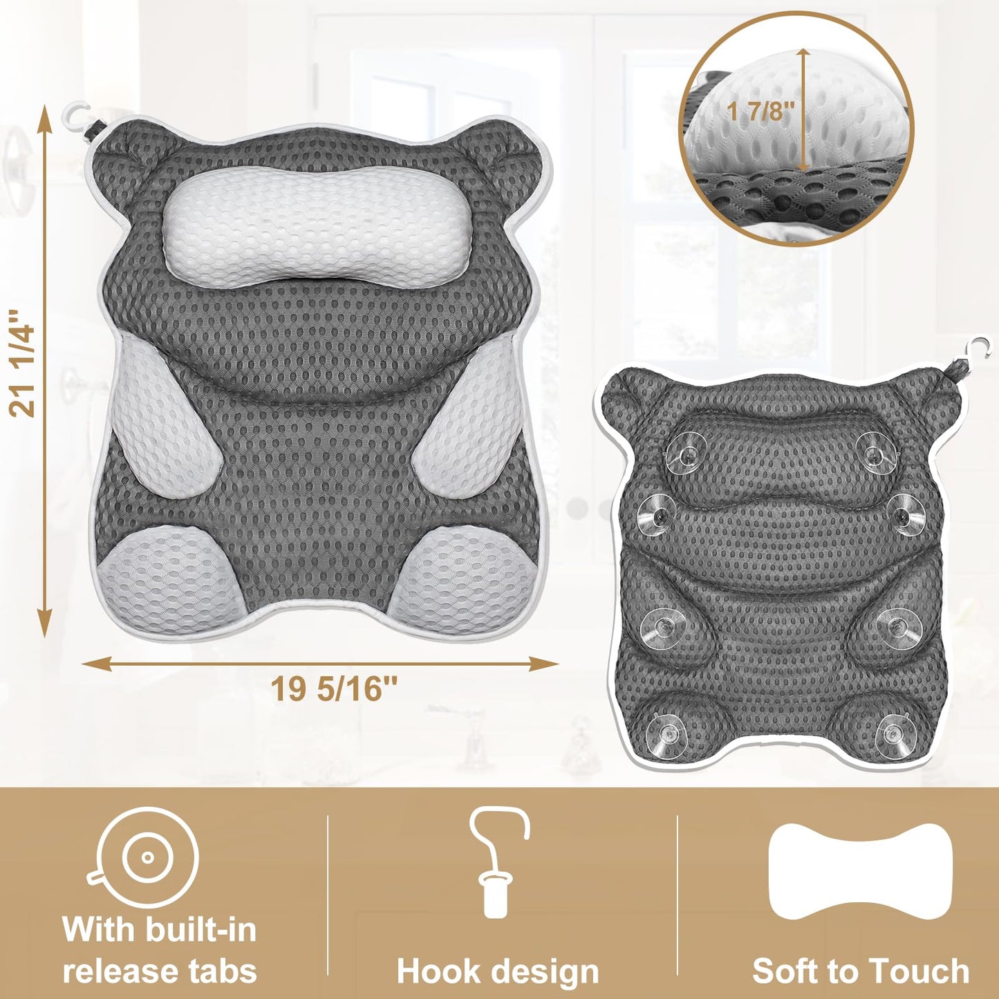 ZYIDBNG Ergonomic Bear Shape Bath Pillow for Head and Neck, SPA Gift for Women, Machine Washable Bathtub Pillow 4D Air-Mesh with 8 Suction Cups Gray