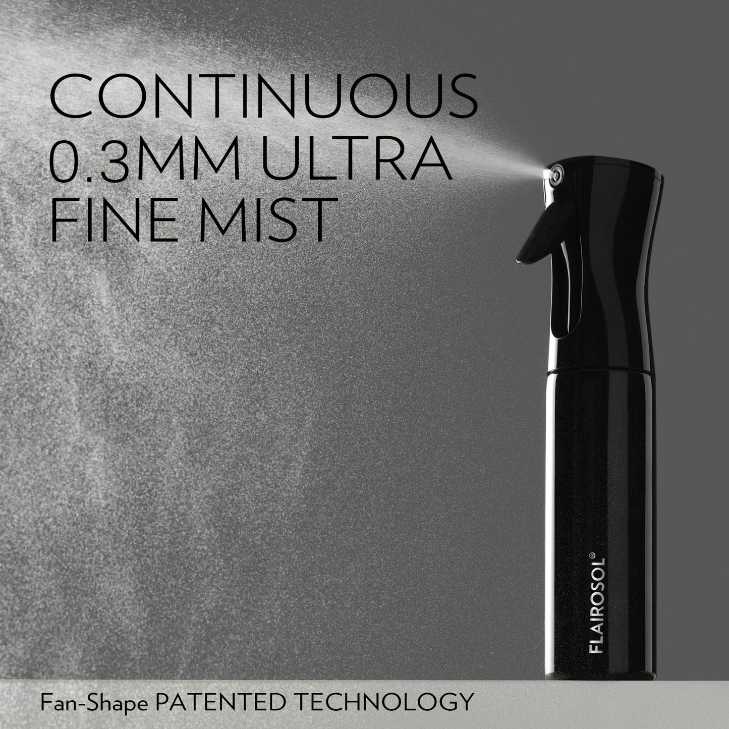 FLAIROSOL Spray Bottle for Hair, Continuous Spray Bottle with 0.3MM Ultra Fine Mist, Water Mister for Hairstyling, Cleaning, Plants, Pets, 10.1oz/300ml, Black Bottle, White Print