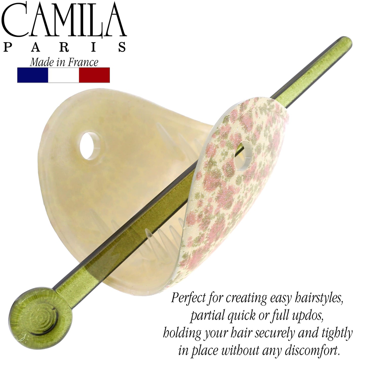 Camila Paris CP3343 French Hair Bun Holder Cover Cap Hair Updo, Pink and Green, Hair Pin Thru, Strong Hold Grip Hair Clips for Women, No Slip and Durable Styling Girls Hair Accessories, Made in France