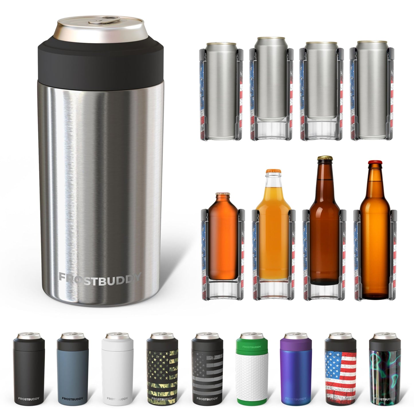 Frost Buddy Universal Buddy Can Cooler - Fits All - For Regular 12 & 16 oz or Slim-Size Bottles - Insulated Double -Walled Stainless Steel (All white)