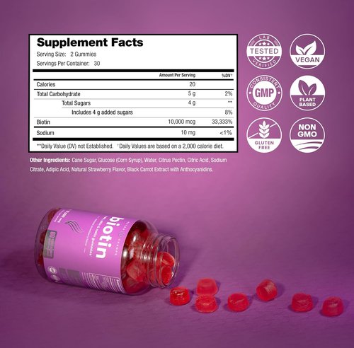 NutraChamps Biotin Gummies - High Potency 10000mcg for Healthy Hair, Skin & Nails | Vegan & Non-GMO - 60 Count