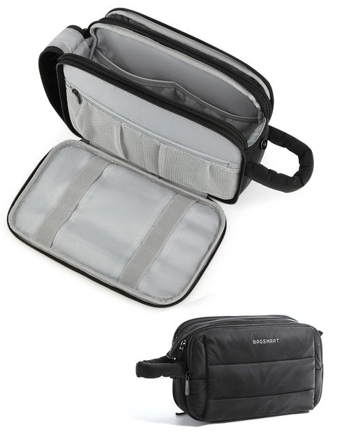BAGSMART Travel Toiletry Bag for Women, Puffy Cosmetic Makeup Bag Organizer, Large Wide-open Travel Organizer for Toiletries, Dopp Kit Water-resistant Makeup Case for Accessories-Black
