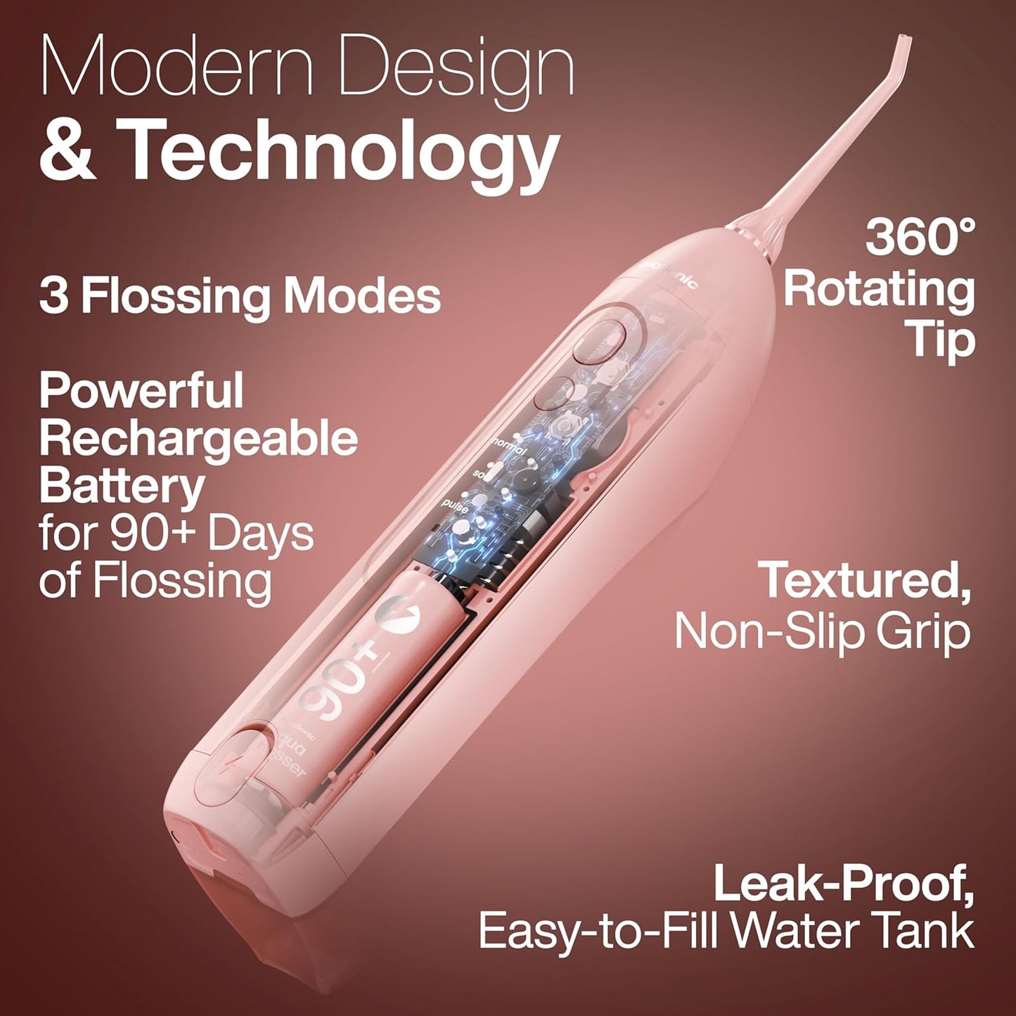 AquaSonic Icon Water Flosser - Cordless Rechargeable Oral Irrigator for Dental Cleaning - Blush