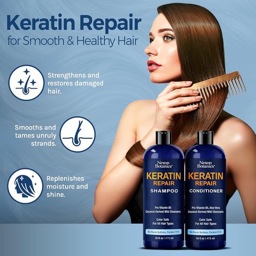 Nexon Botanics Keratin Shampoo & Conditioner Set - Strengthening & Smoothing for Dry, Damaged Hair - 16 fl oz Each
