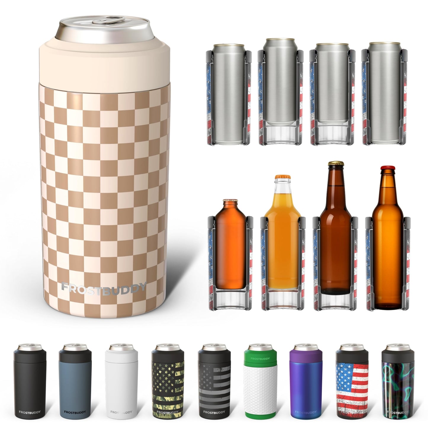 Frost Buddy Universal Buddy Can Cooler - Fits All - For Regular 12 & 16 oz or Slim-Size Bottles - Insulated Double -Walled Stainless Steel (All white)