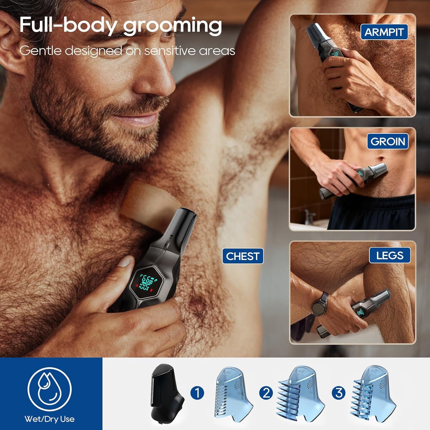 Skiennix Beard Trimmer - IPX7 Waterproof Cordless Hair Clippers with Magnetic Snap-On Heads | Gray