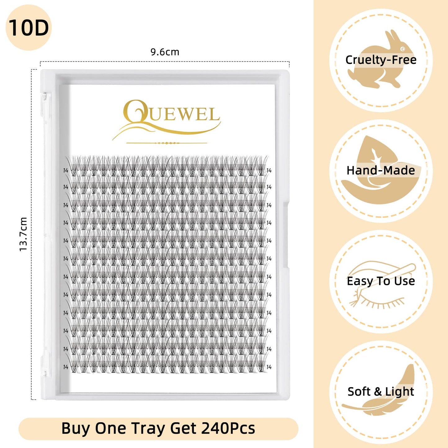 QUEWEL Cluster Lashes 240Pcs Individual Lashes 10D 0.10D Curl 14mm Knot-Free Lash Extensions Clusters Lashes Soft&Natural False Eyelashes Individual DIY Eyelash Extension at Home(10D 0.10D 14)