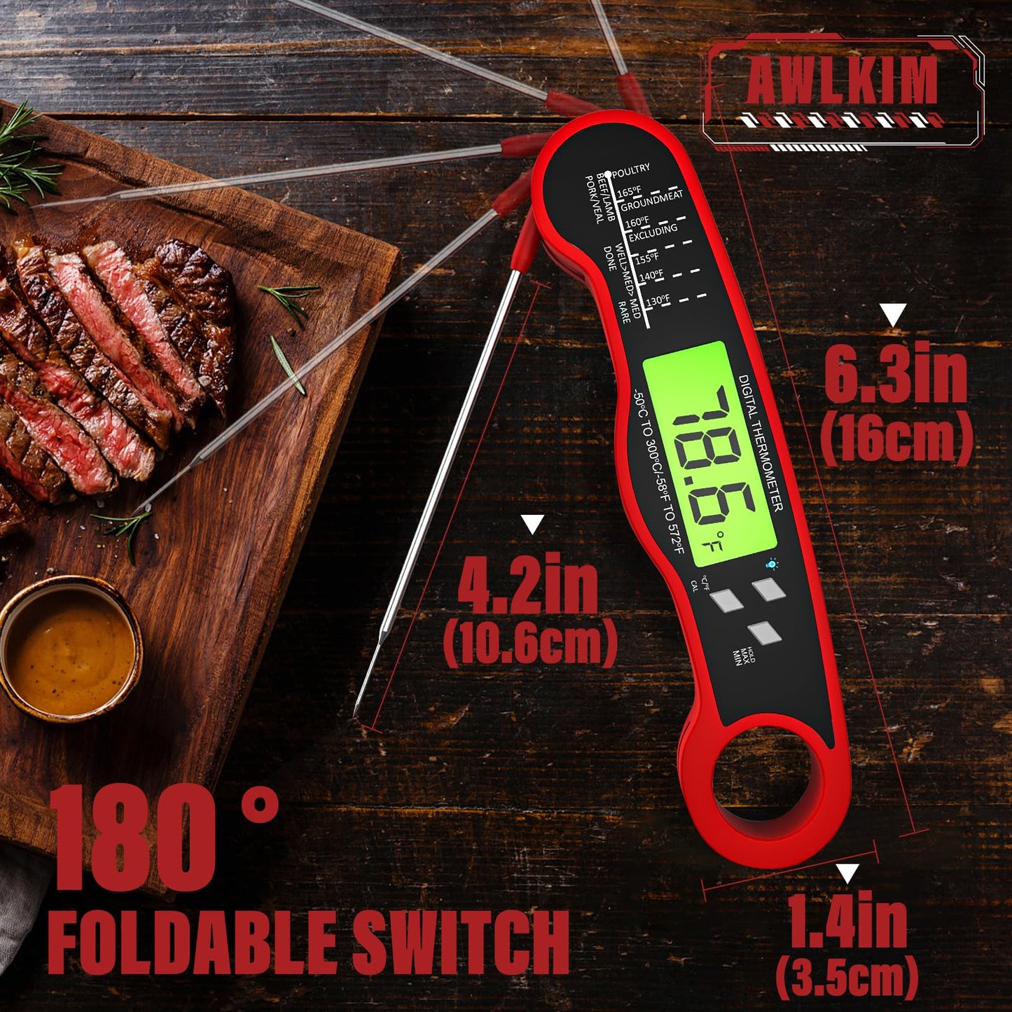 Fast Instant Read Meat Thermometer with Backlight - Waterproof Digital Food Probe for Grilling, Cooking, Baking & Candy Making - Kitchen & BBQ Essential(Black)