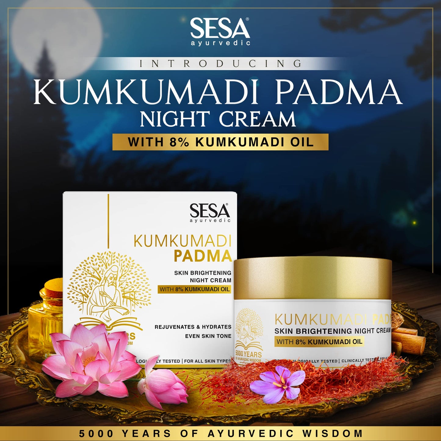 sesa 8% Kumkumadi Padma Night Cream Skin Brightening, Helps Reduce fine lines & wrinkles I Promotes Skin Rejuvenation & Skin Repair I Anti -Ageing, Even Skin Tone, 50g or 1.69 Oz