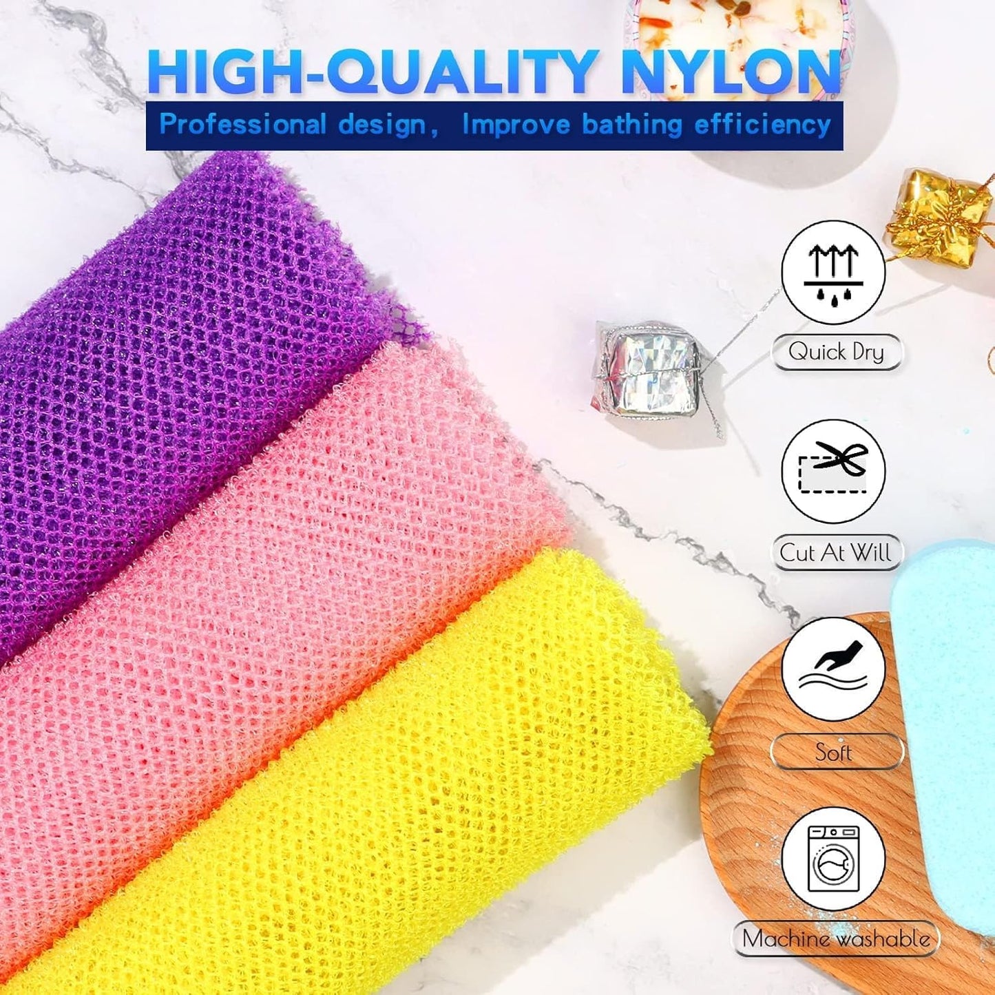 UJFQBH African Bath Sponge Set - Exfoliating Shower Scrubber for Smooth Skin | 3 Colors: Pink, Yellow, Purple