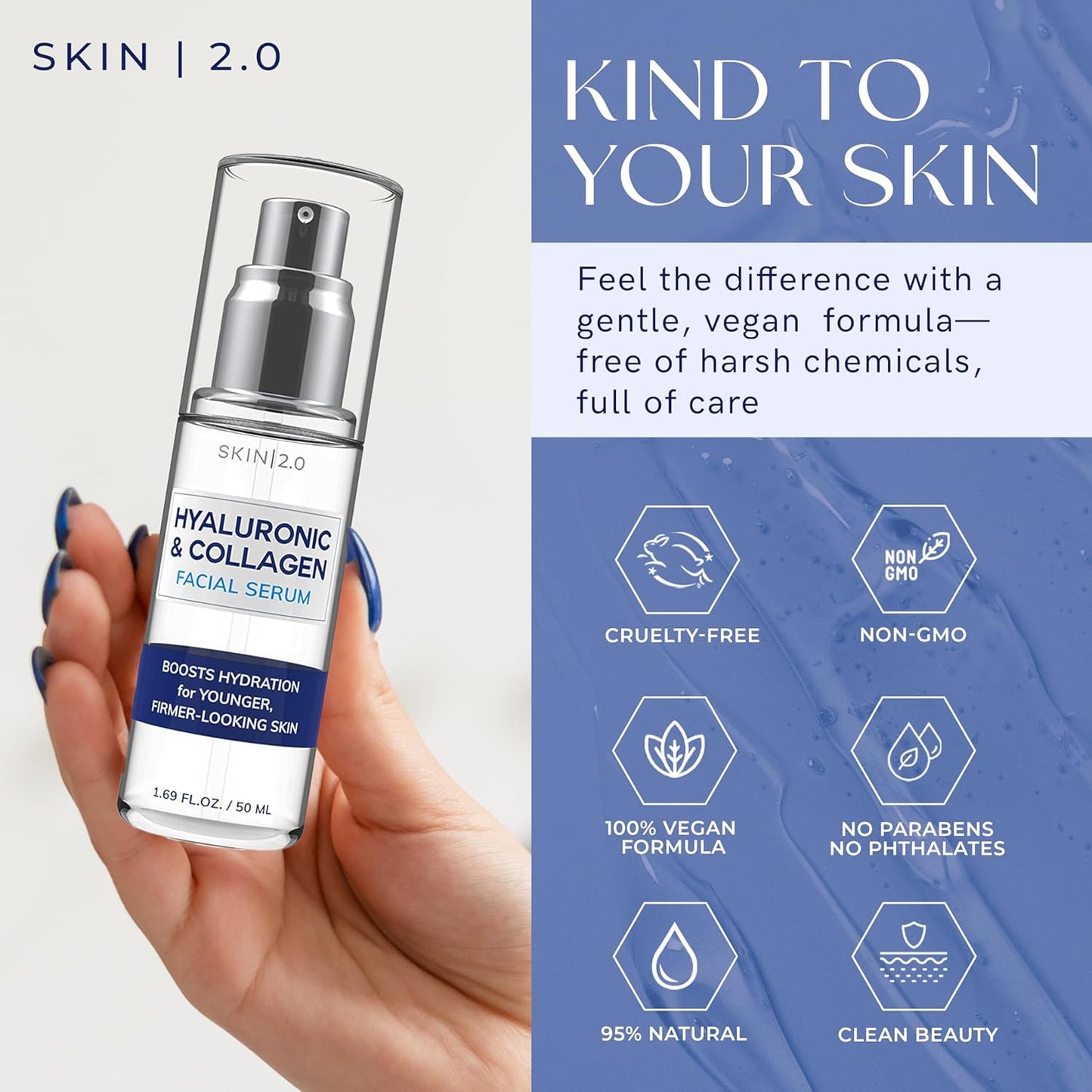 Skin 2.0 Hyaluronic Acid & Collagen Face Serum - Hydrating, Anti-Aging Formula for All Skin Types - 1.69 Fl Oz