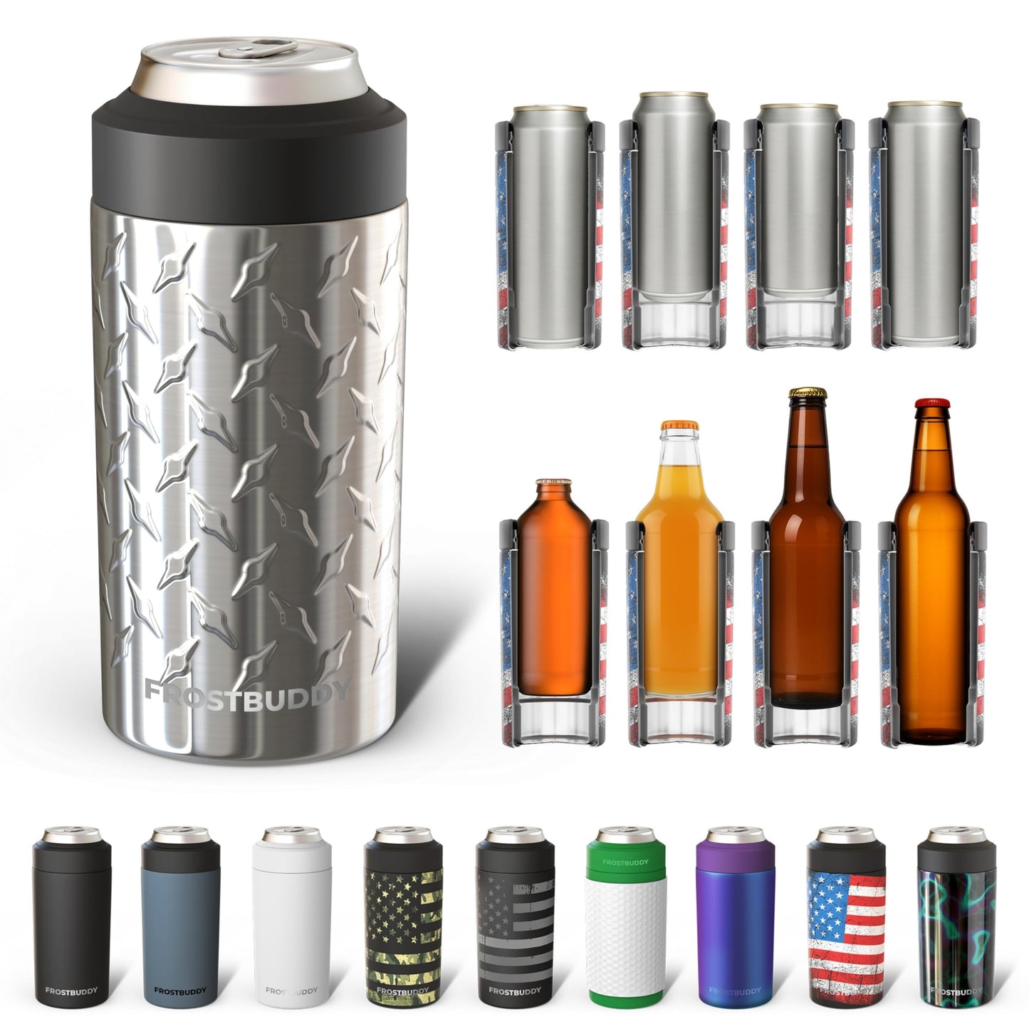 Frost Buddy Universal Buddy Can Cooler - Fits All - For Regular 12 & 16 oz or Slim-Size Bottles - Insulated Double -Walled Stainless Steel (All white)