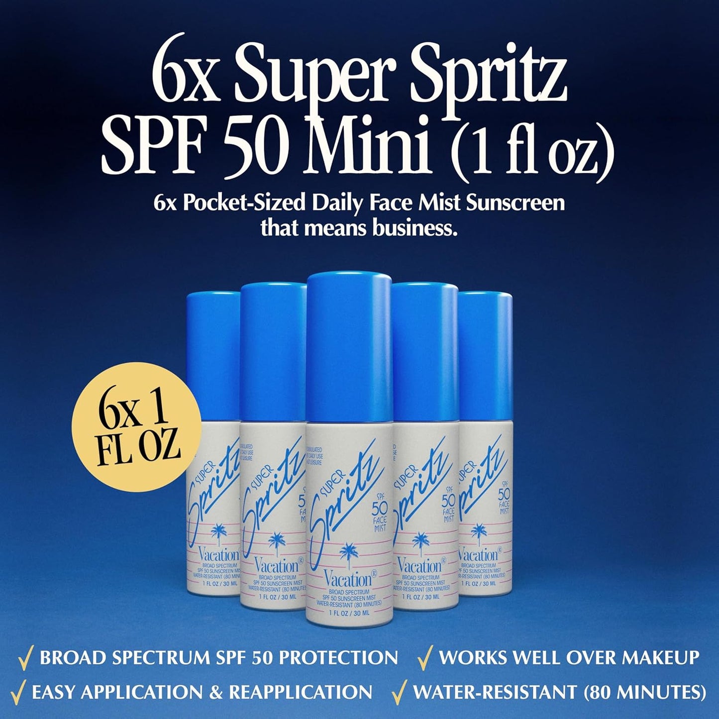 Vacation Mini Super Spritz SPF 50 - Water-Resistant Daily Face Sunscreen Spray | Travel Size 1 Fl. Oz. (Pack of 6)