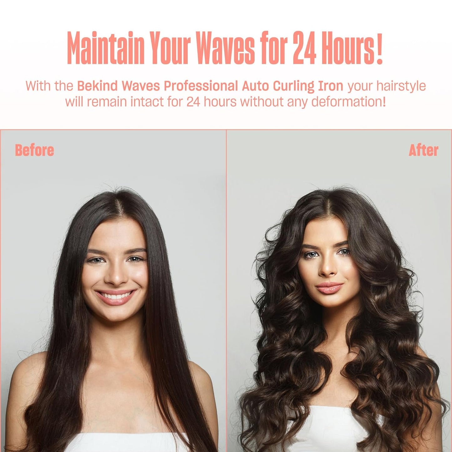 BeKind Waves Automatic Rotating Curling Iron - 1 Inch Tourmaline Ceramic Wand for Beach Waves | Fast Heat-Up, Dual Voltage (Peach)