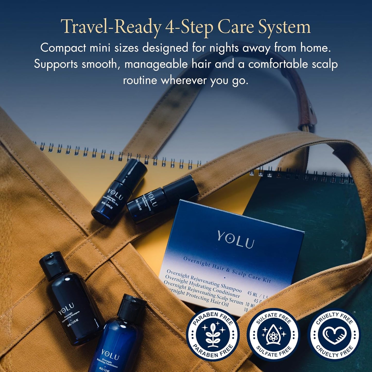 YOLU Travel Size Hair Care Kit | Japanese Hair Care Essentials - Overnight Scalp Serum, Oil, Shampoo & Conditioner - Perfect Gift Set for Women