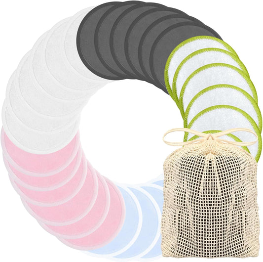 Chloven Reusable Cotton Rounds - 30 Pack Washable Bamboo Makeup Remover Pads with Storage Bag