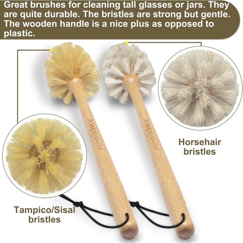 Natural Bristle Bottle Brushes by [Brand Name] - 13.75-Inch Long Wood Handle for Easy Cleaning of Jars, Glasses & Vases | 2-Pack