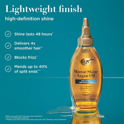 OGX Mirror Shine Argan Oil Pre-Wash Hair Gloss - 48 Hours of Glossy Shine & Nourishing Repair, 4 fl. oz