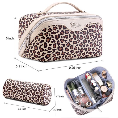 BOYATU Travel Makeup Bags for Women: 3 Pcs Set Large Capacity Leopard Print Leather Cosmetic Bag with Compartments - Open Flat Waterproof Toiletry Skincare Bag Portable Make up Case (02-Beige)