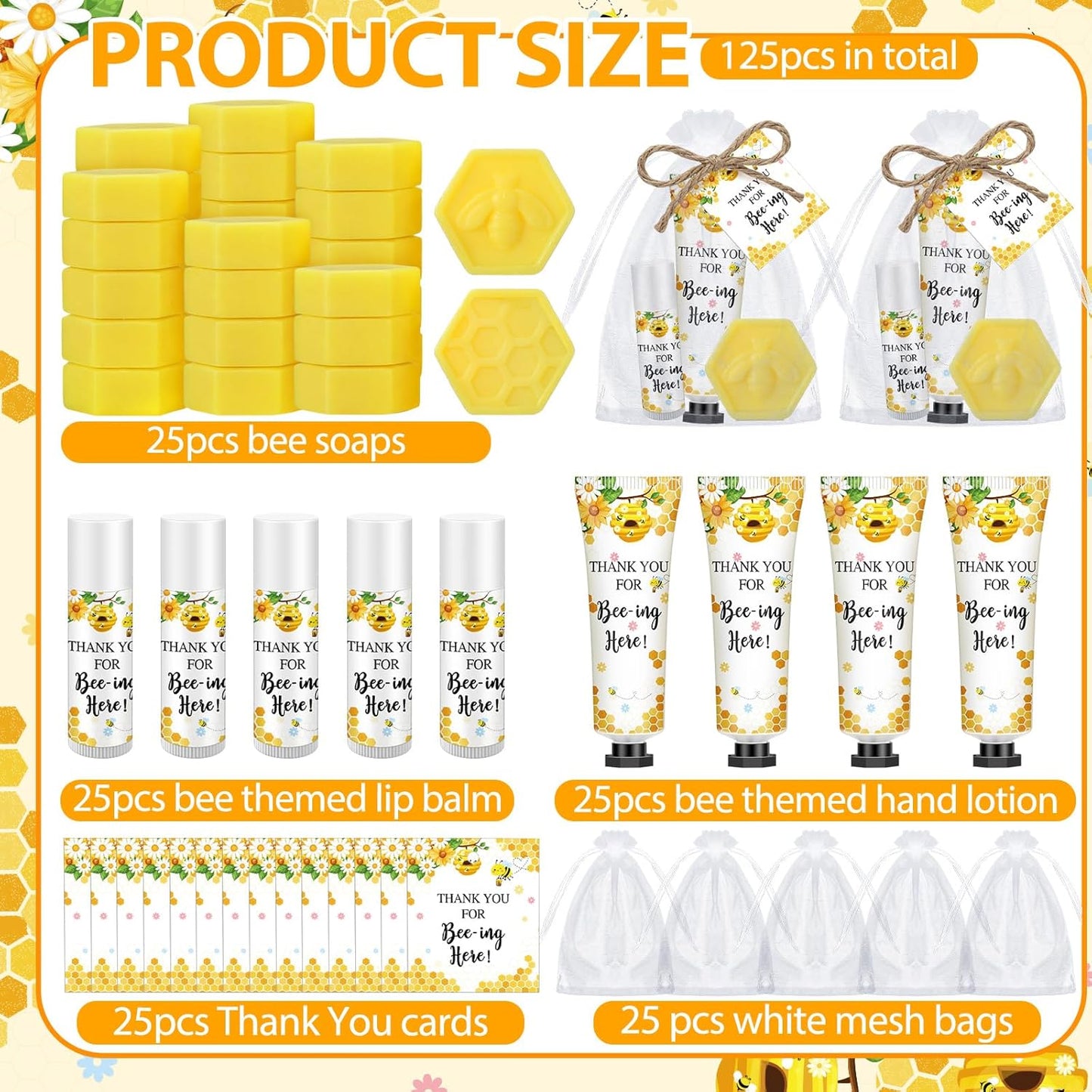 Skiennix Bee Themed Baby Shower Favors - 75 Pcs Lip Balms, Hand Cream & Honeycomb Soap | Perfect Gender Reveal Gift