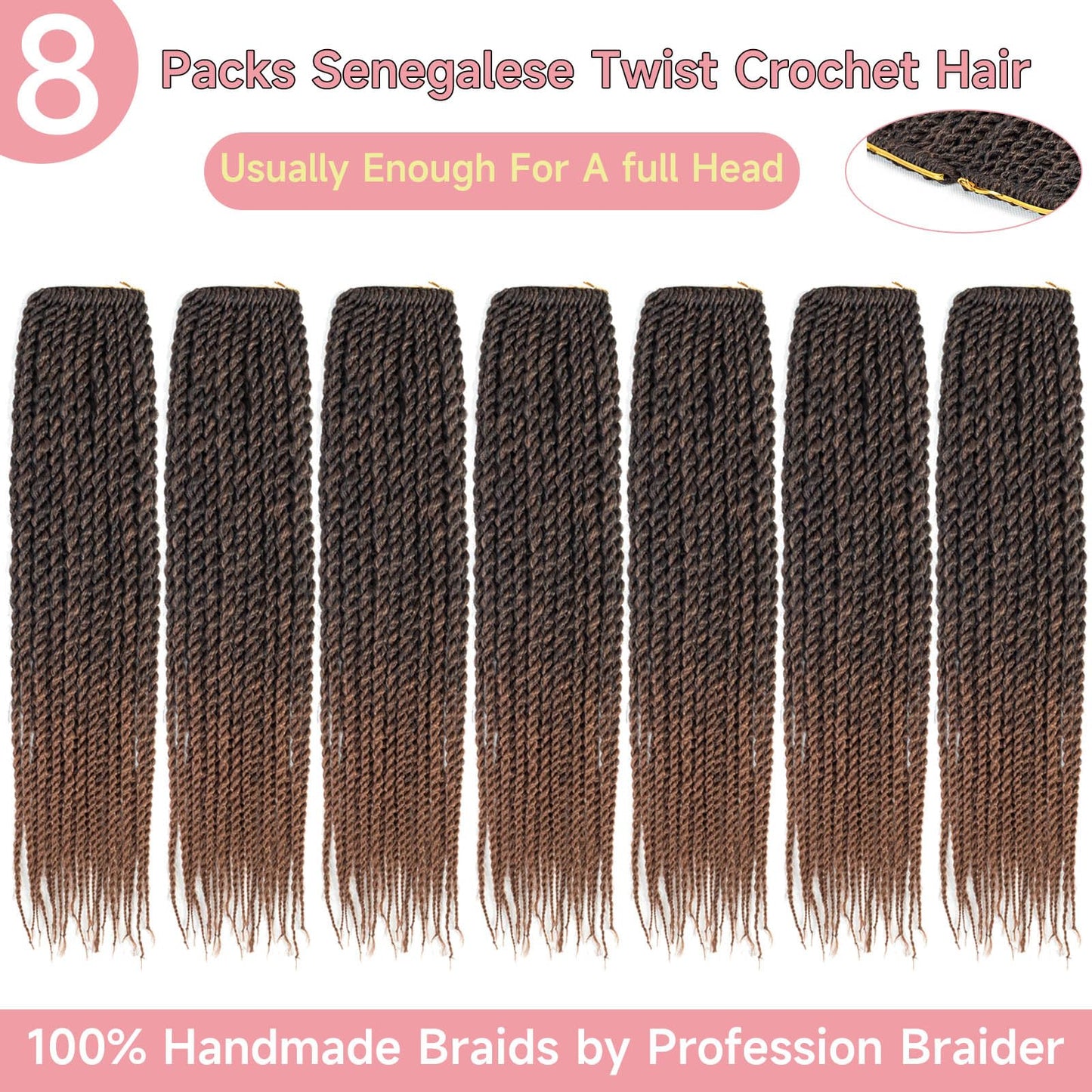 BEFUNNY Senegalese Twist Crochet Hair-8 Packs 18 Inch Two Tone Senegalese Twist Crochet Braids For Women Human Hair,Black/Brown Pre Looped Crochet Braids, Synthetic Twist Crochet Hair (18in,T1B/30#)