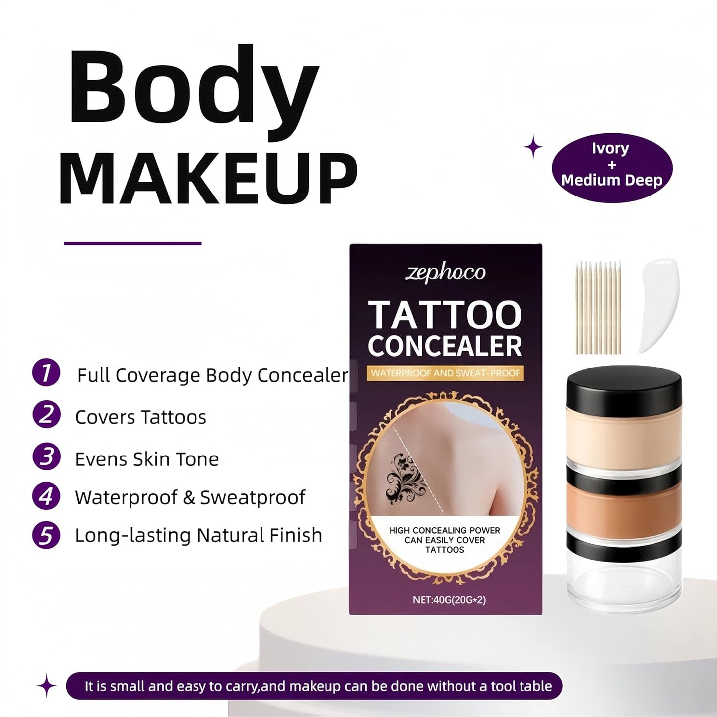 Skiennix Full Coverage Tattoo Cover Up Cream - Waterproof & Sweatproof Concealer for Scars, Birthmarks & Dark Spots - Dual Shades (Ivory & Medium Deep)