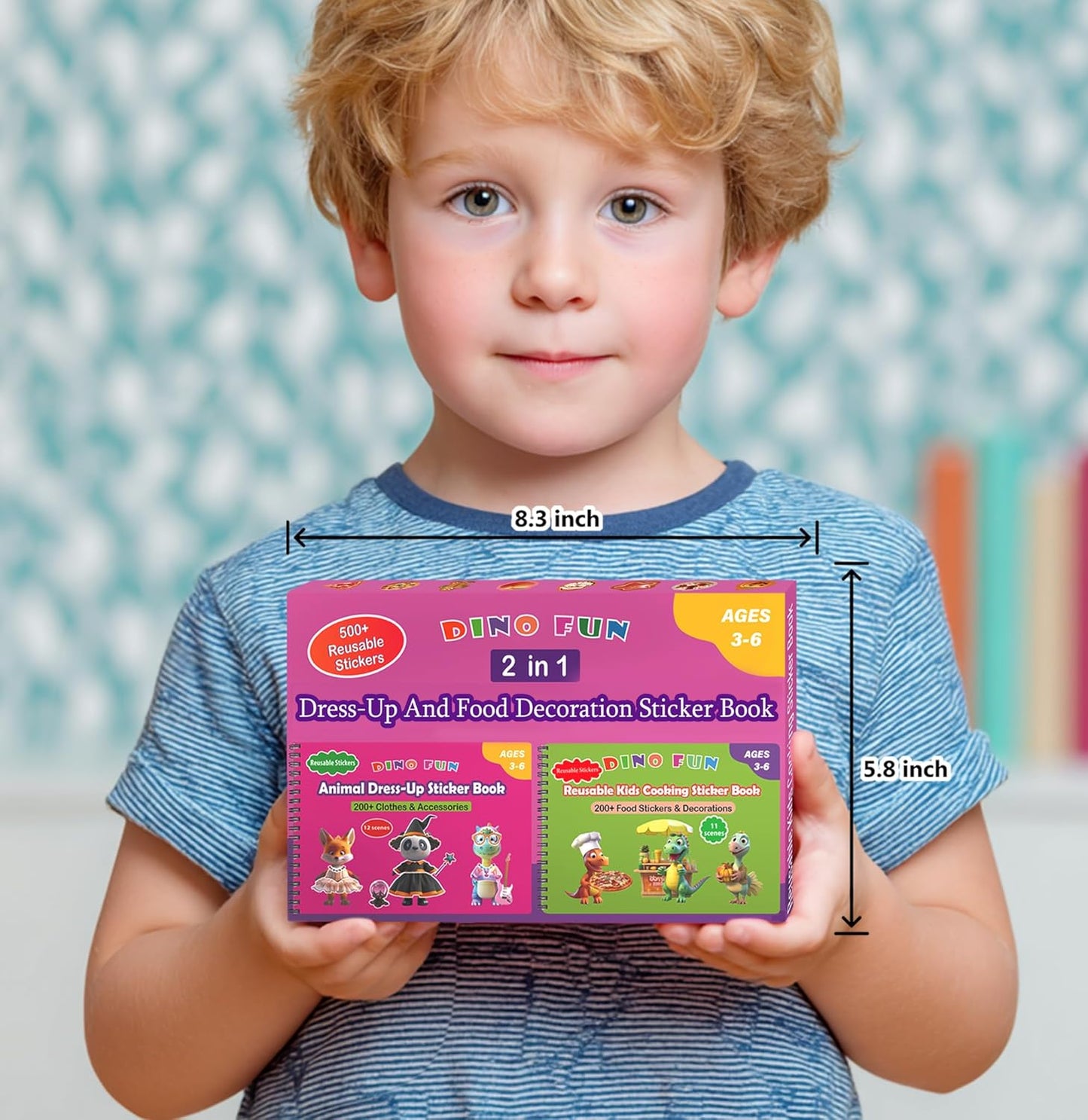 Dino Fun 2-in-1 Reusable Sticker Book for Kids - 500+ Stickers & 23 Scenes of Animal Dress-Up & Cooking