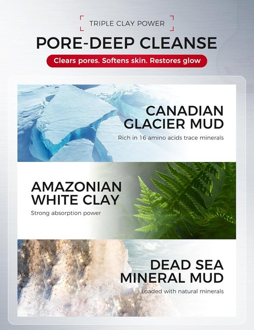 NING DERMOLOGIE Clay Mask - Triple Mud Formula for Deep Cleansing & Acne Reduction | 3.88 Oz