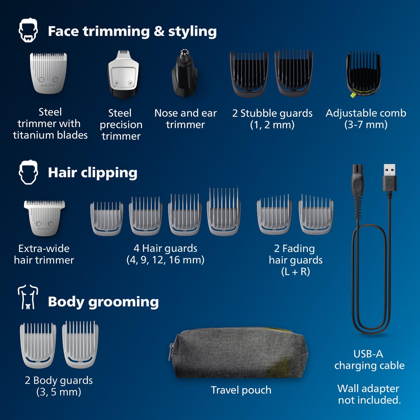 Philips Norelco Multigroom 5000 Series, All-in-One Trimmer, Beard Trimmer and Hair Clipper, 18-Piece Men's Grooming Kit for Beard, Face, Nose, Ear, Body, with Titanium Blades, Travel Pouch, MG5970/49