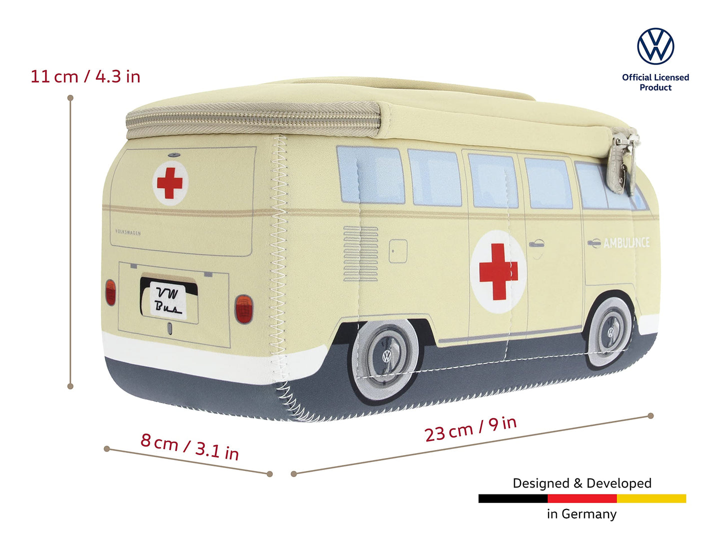 BRISA VW Collection - Volkswagen Neoprene Universal Makeup Cosmetics Toiletry Travel Pharmacy Bag in T1 Bus Design (Ambulance/Beige) (Small (9.1 x 4.3 x 3.1 inches))