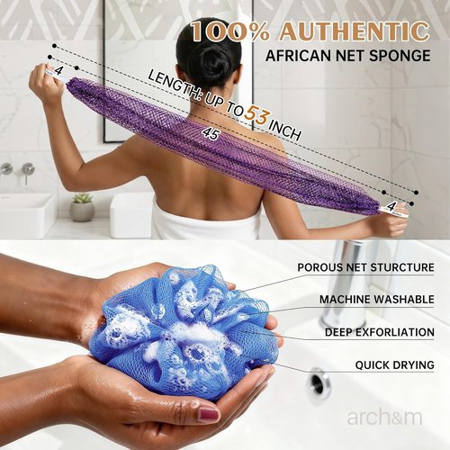 ARCH&M African Net Sponge - 2 Pack Extra-Long 53-Inch Body Scrubber for Daily Exfoliating Care