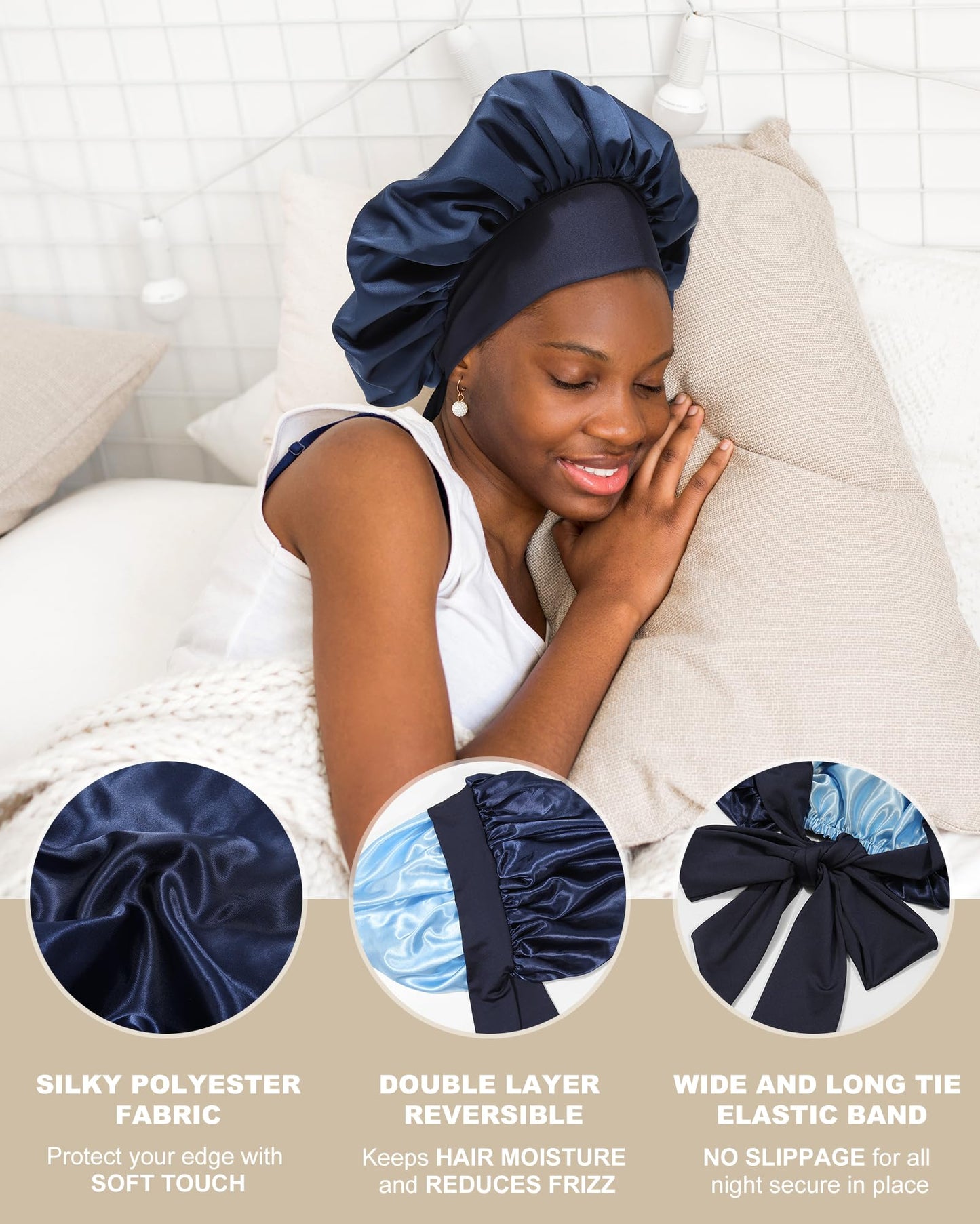 Satin Bonnet for Women Silk Bonnets for Sleeping Curly Hair Bonnet with Elastic Tie Band Reversible Double Layer Sleep Cap Hair Wrap (Navy Blue+Light Blue)