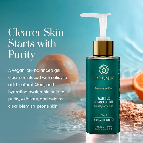 Hylunia Skincare Salicylic Facial Cleansing Gel - Deep Pore Cleanser for Oily Skin, 5.1 fl. oz.