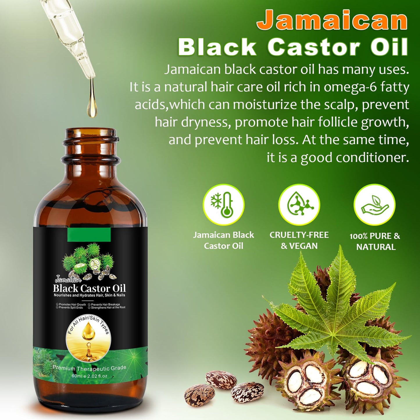 YLXYZUAD Jamaican Black Castor Oil Cold Pressed,Castor Oil in A Glass Bottle with Glass Dropper, Eyelash&Eyebrow Brushes,Hexane Free for Fuller Thicker Hair, Eyelashes,Moisturizes Skin