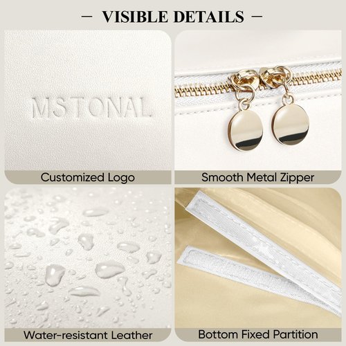 MSTONAL Travel Makeup Bag, Large Capacity Cosmetic Bags for Women, Waterproof Portable Pouch Open Flat Make up Organizer Bag with Dividers and Handle, Toiletry Bag for Essentials, Medium, lvory White