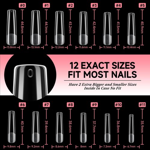 UNA GELLA Nail Tips Square XXL Long: Full Cover Pre-file Square Straignt Gel Nail Tips No C Curve for DIY Press On Nails 216PCS, 12 Sizes Gel Nail Extensions Art Salon