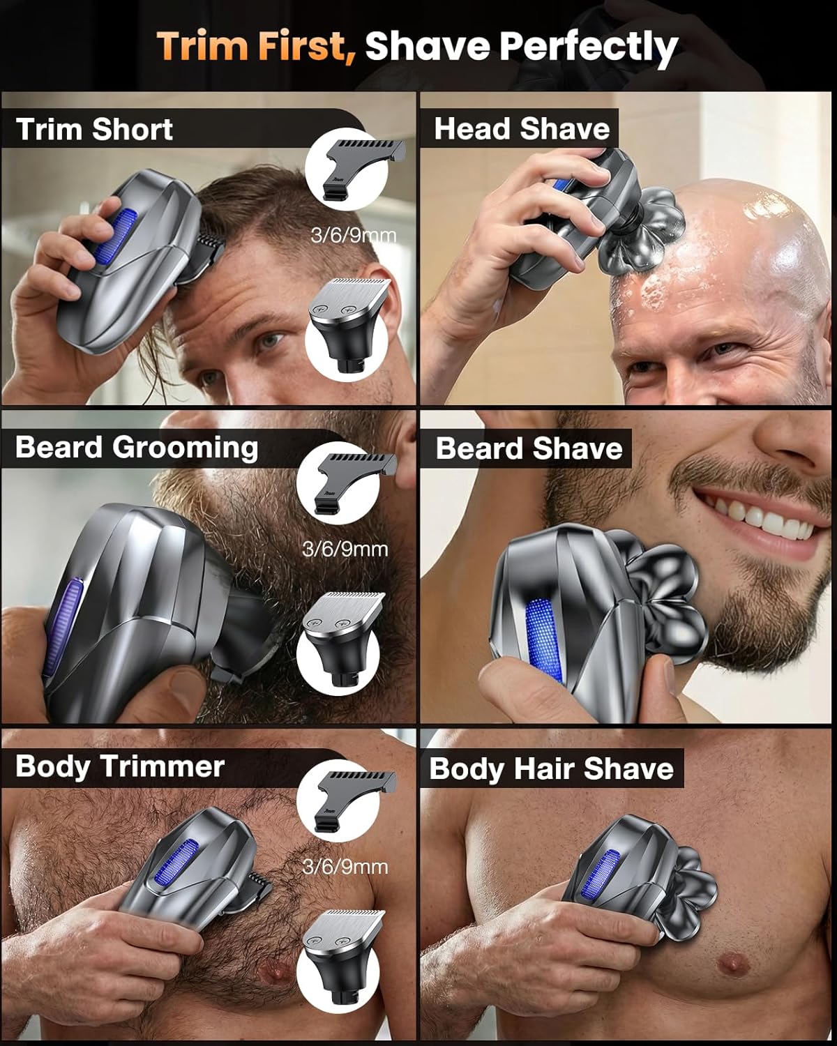 Skiennix 5-in-1 Electric Head Shaver - 7D Floating Waterproof Rechargeable Grooming Kit for Bald Men | Gray