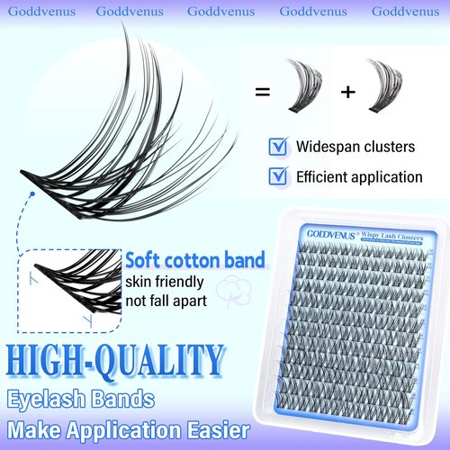 Goddvenus Wispy Lash Clusters 10-16mm Lashes Clusters Eyelash Extensions Natural Individual Lashes 144pcs D Curl Lash Extension DIY Soft Comfortable Eyelash Clusters with Cotton Band