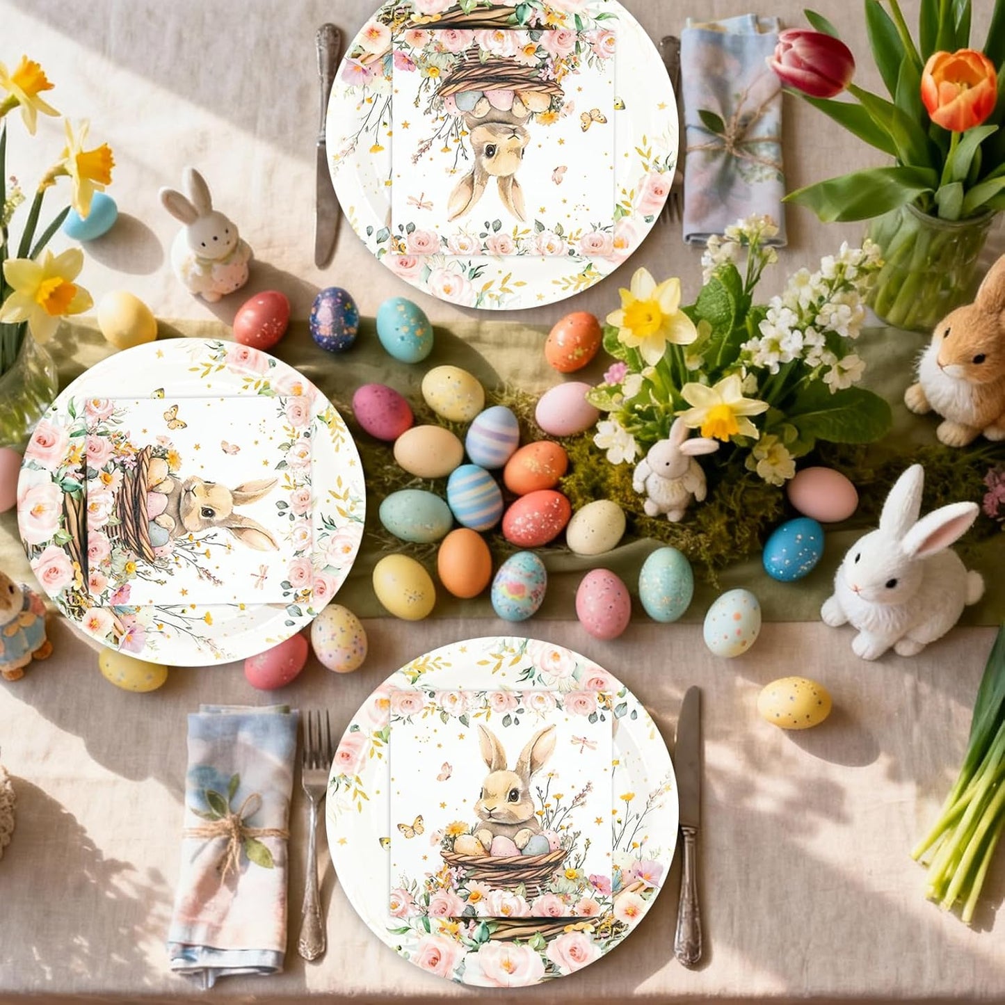 Skiennix Easter Party Plates Set - 40 Pcs 9-Inch Paper Plates & Napkins | Bunny Eggs Floral Design