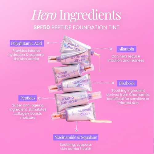 Naked Sundays BeautyScreen Peptide Foundation Tint - SPF 50 Tinted Sunscreen with Zinc Oxide | Lightweight Natural Coverage, 2.5 Light Neutral, 1.01 oz