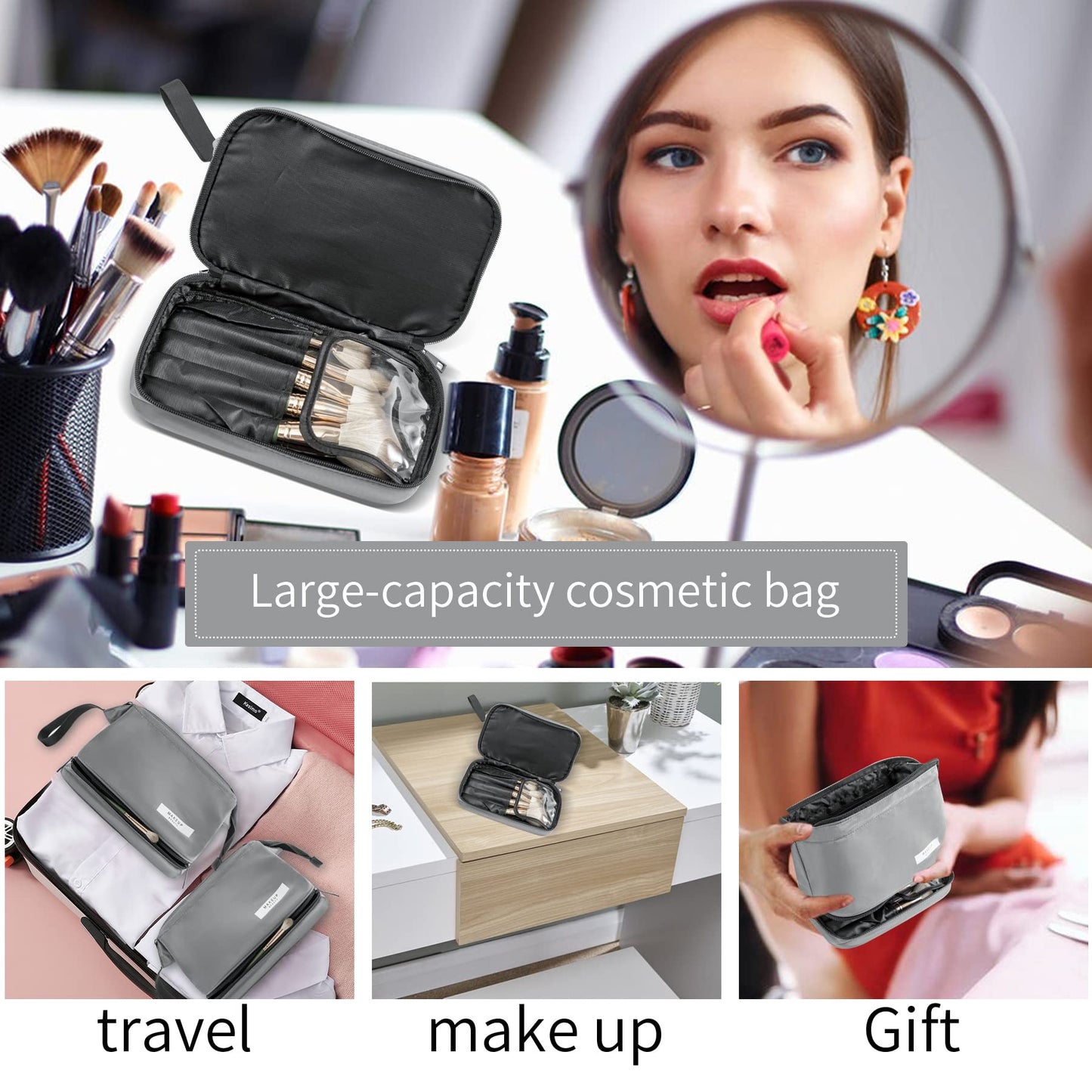 Travel Makeup Bag Cosmetic Bag Makeup Bag Toiletry bag for women and men (Large Grey)
