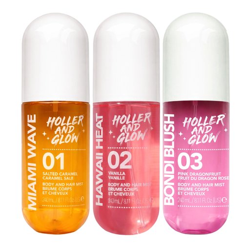 Bundle of Holler And Glow Body & Hair Mist, Body Spray For Women, Hair Perfume, Long Lasting Fragrance, Floral, Tropical, Vanilla, Warm & Sweet Fragrance Notes, 8.11 Fl Oz, 3 Pack Variety