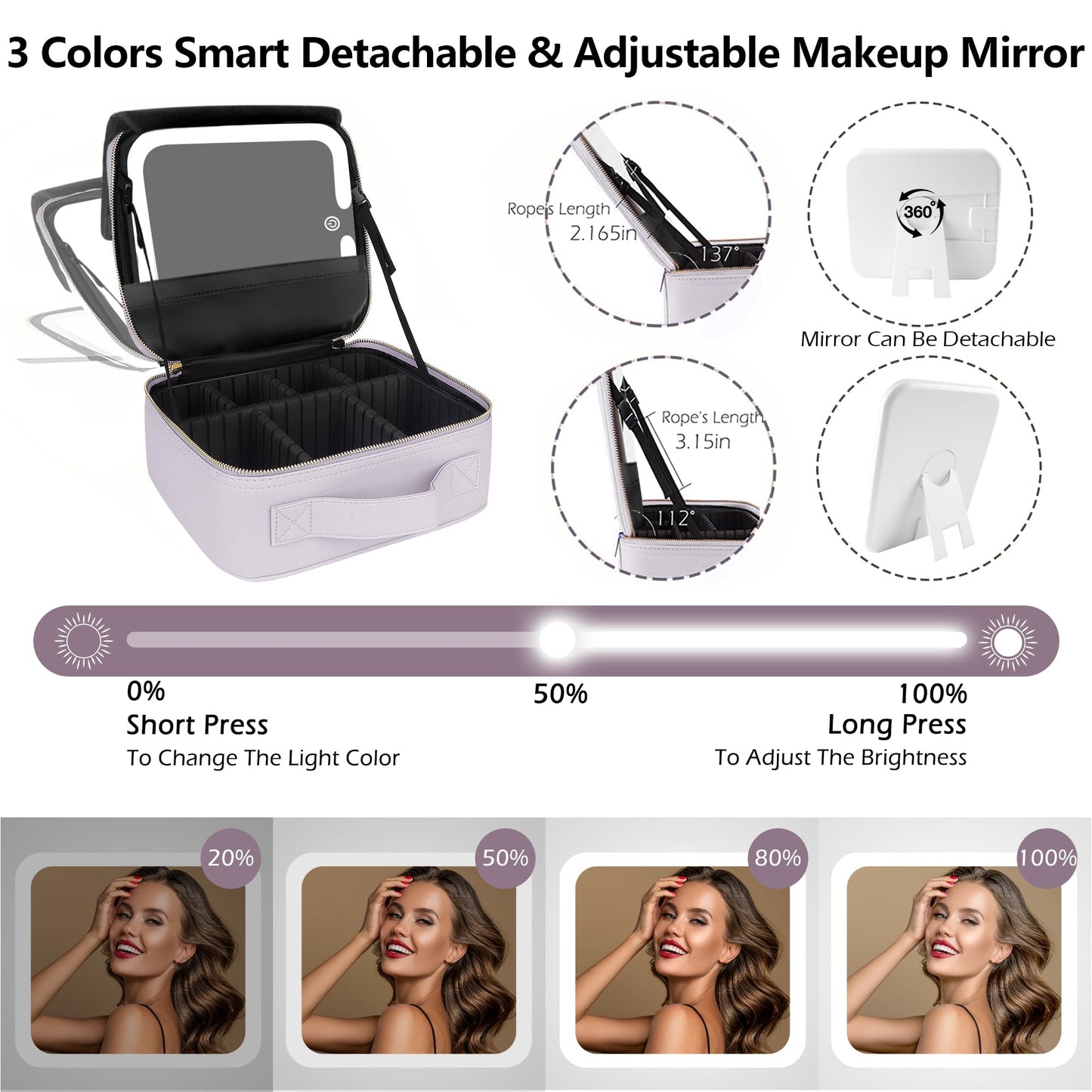 MOMIRA Travel Makeup Bag Cosmetic Bag Makeup Organizer Bag with Lighted Mirror, Adjustable Brightness in 3 Color Scenarios, Waterproof Makeup Train Case, Gift for Women - Violet grey