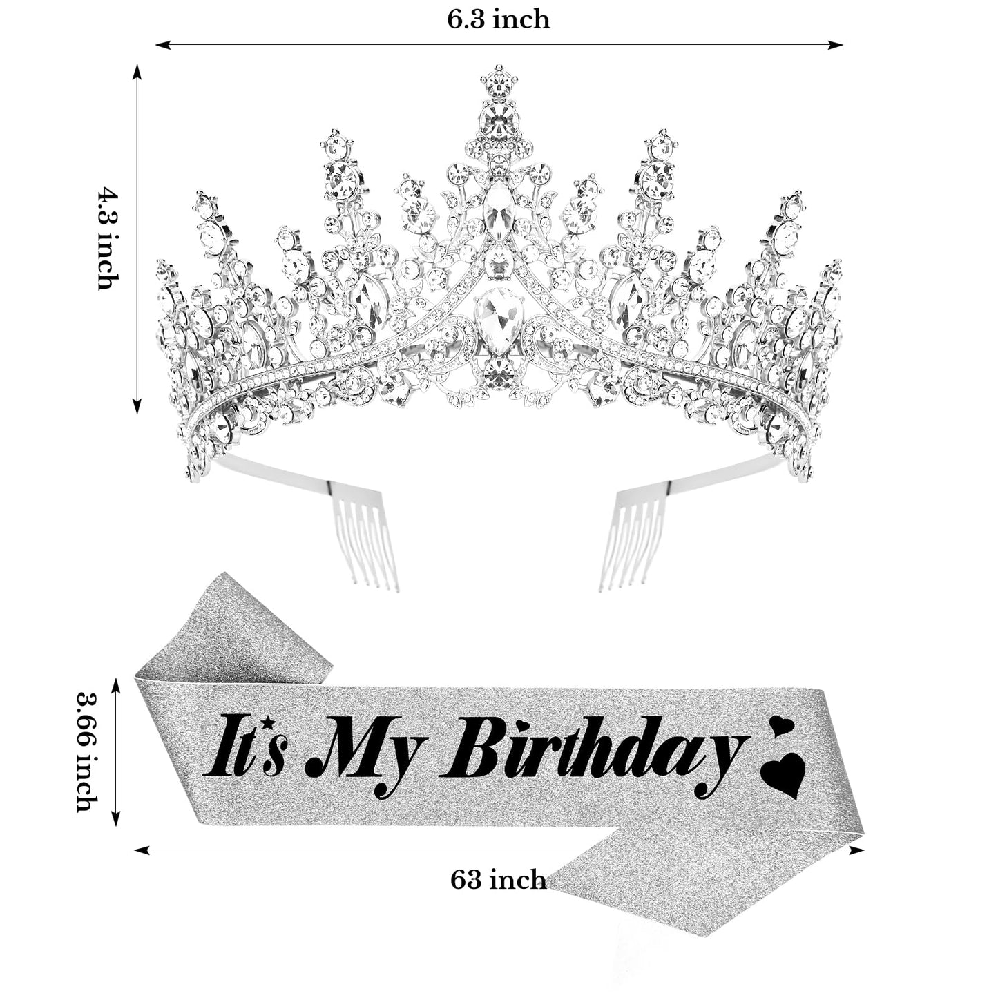 CURASA Birthday Sash and Crown Silver Birthday Sash for Women Birthday Crown Adult Women Giltter Its My Birthday Sash Birthday Tiara for Women Girls Princess Crown Birthday Decoration Party Favors Gifts